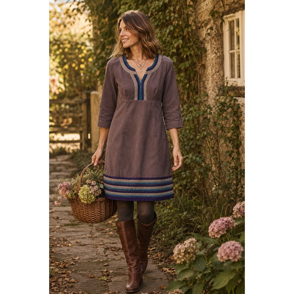 Boden Corduroy Shift Dress Women 8 Plum Purple Striped Trim 3/4 Sleeve Boho Chic